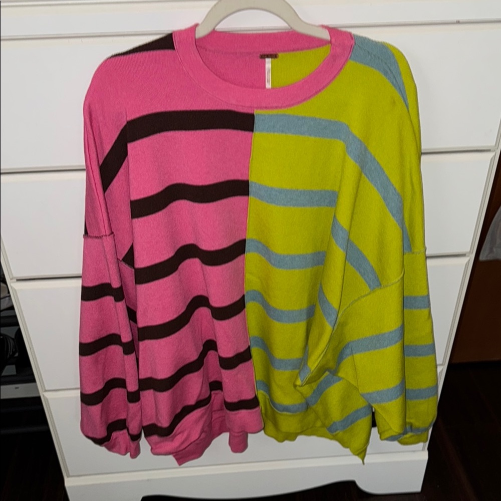 Free People Pink and Green Crew Neck Sweater with Bold Design